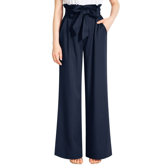 Liher Women Suit Pants Loose Fit Trousers Business Work Office Straight Leg Pant Navy Blue Pull On Pants with Removable Belt Clothes Size S