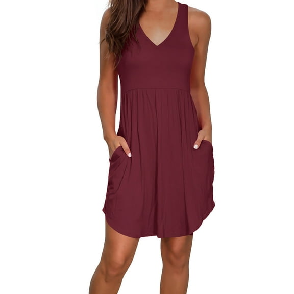 Liher Women Sleeveless V Neck Dress Knee Length Tank Summer Dress Wine Red Vest Beach Sundress with Pocket Clothes Size XL