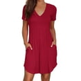thumbnail image 1 of Liher Sundress for Women Pocket Summer Beach Dress Wine Red Short Sleeve V Neck Mini Pregnancy Dress Clothes Size XXL, 1 of 6