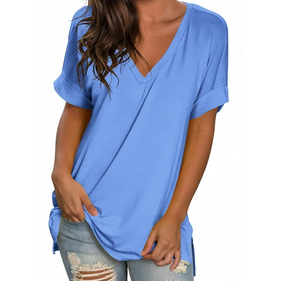 Liher Women Summer T-shirt V Neck Tops Casual Loose Tunic Top Rolled Short Sleeve Side Split Hem Shirts Tee Light Blue M
