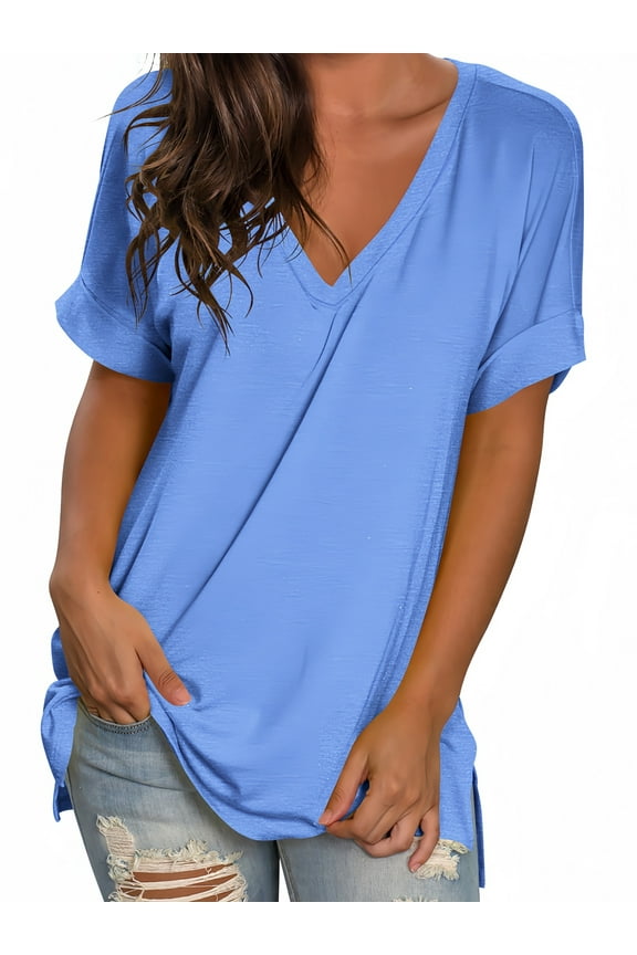 Women Summer T-shirt V Neck Tops Casual Loose Tunic Top Rolled Short Sleeve Side Split Hem Shirts Tee Light Blue M