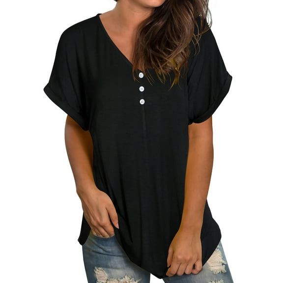 Liher Women Summer Tops Button V Neck Short Sleeve T-Shirts Plain Solid Blouse Tops Lounge Loose Roll Up Sleeve Tee Shirts Black Button-down L