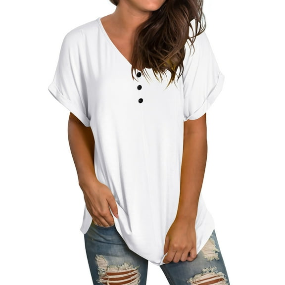 Liher Women Summer Tops Button V Neck Short Sleeve T-Shirts Plain Solid Blouse Tops Lounge Loose Roll Up Sleeve Tee Shirts White Button-down XL
