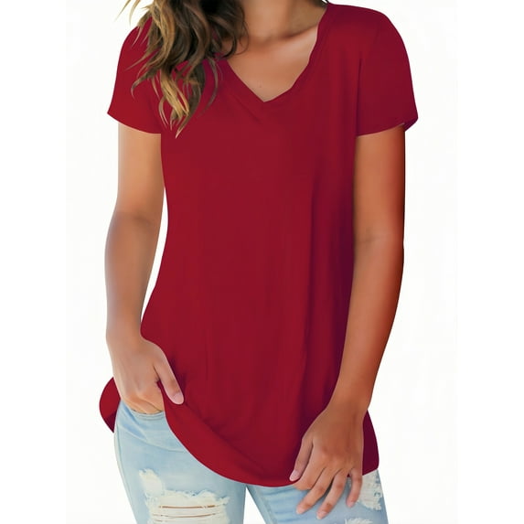 Liher Women Summer Tops Fashion V Neck T-shirts Short Sleeve Tunic Blouse Cute Fit Trendy Tee Wine Red Top Clothes Size S