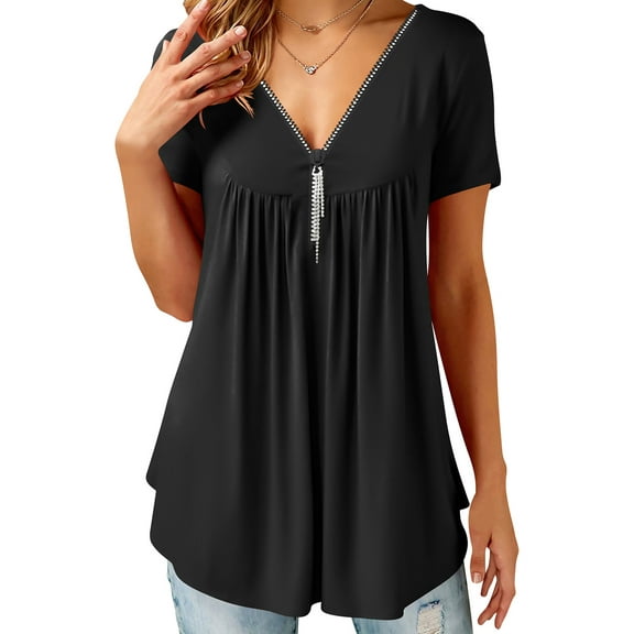 Liher Women Summer Tops V Neck Short Sleeve T-shirts Half Zip Plain Tunic Blouse Black Tee Shirts Clothes Size S