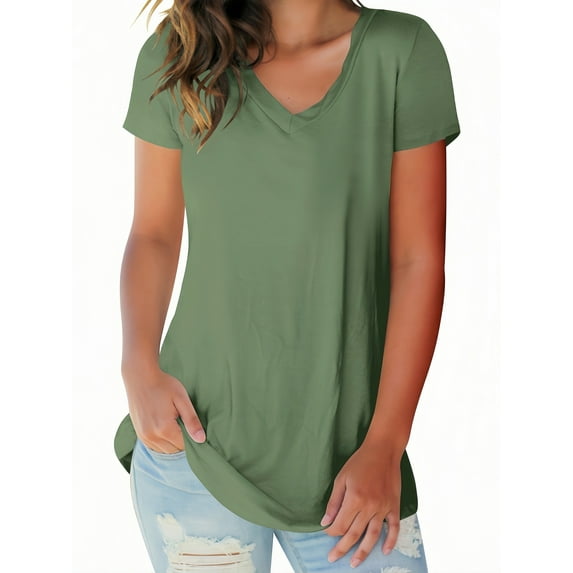 Liher Women Summer Tshirts Short Sleeve V-Neck Basic Tops Plain Solid Color Tee Shirts Army Green Stretchy Tunic Top Clothes Size S