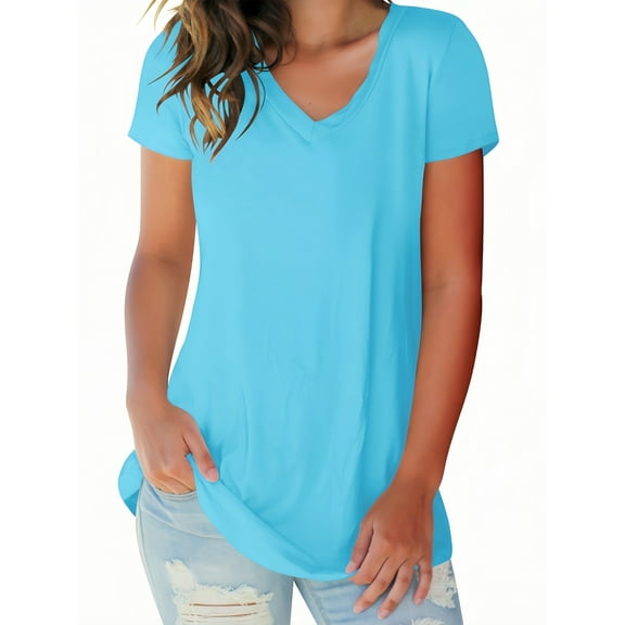 Liher Women Tee Shirts Trendy Fashion T Shirts Short Sleeve V-Neck Solid Color Summer Tops Lake Blue Oversized Blouse Clothes Size L