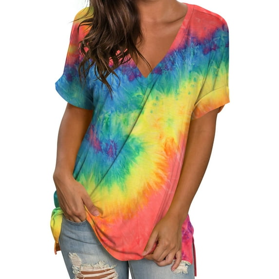 Liher Women Tie Dye V-Neck T-Shirts Casual Loose Summer Tops Roll Short Sleeve Tunic Blouse Tee Shirts Flower Tie-dyed XL