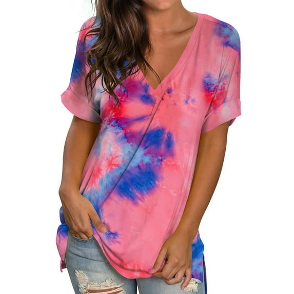 Liher Women Tie Dye V-Neck T-Shirts Casual Loose Summer Tops Roll Short Sleeve Tunic Blouse Tee Shirts Pink Tie-dyed 2XL