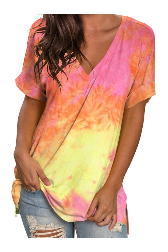 Women Tie Dye V-Neck T-Shirts Casual Loose Summer Tops Roll Short Sleeve Tunic Blouse Tee Shirts Yellow Tie-dyed 2XL