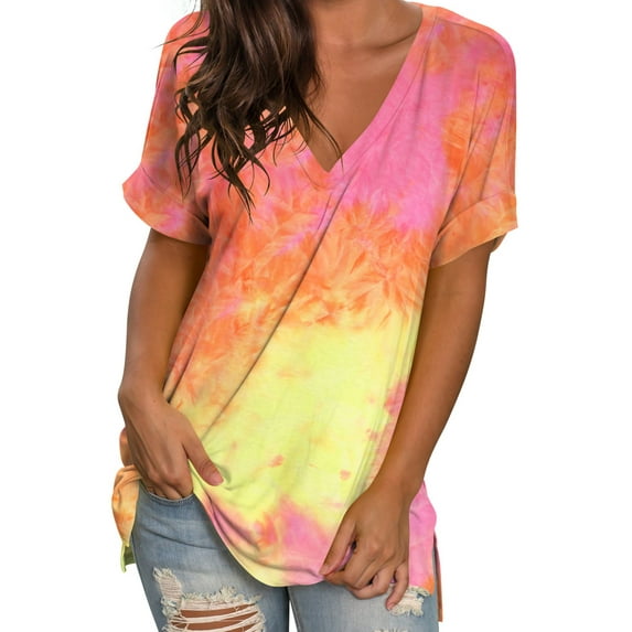 Liher Women Tie Dye V-Neck T-Shirts Casual Loose Summer Tops Roll Short Sleeve Tunic Blouse Tee Shirts Yellow Tie-dyed M