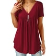 thumbnail image 1 of Liher Women Tunic Tops V Neck Short Sleeve T-shirts Zipper Loose Fit Summer Blouse Wine Red Tee Shirts Clothes Size L, 1 of 3