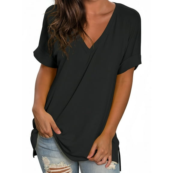 Liher Women V Neck Basic T-Shirt Plain Solid Color Summer Tops Rolled Short Sleeve Side Split Tunic Tops Tee Black L