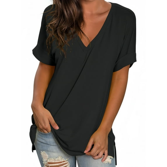Liher Women V Neck Basic T-Shirt Plain Solid Color Summer Tops Rolled Short Sleeve Side Split Tunic Tops Tee Black XL