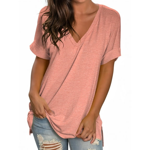 Liher Women V Neck Short Sleeve T-Shirt Casual Loose Summer Tops Rolled Sleeve Side Split Hem Tunic Tops Shirts Pink L