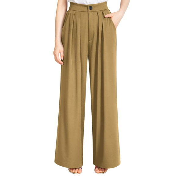 Liher Women Wide Leg Pants Business Work Trousers Loose Fit Straight Leg Pant Casual Pleate Palazzo Pants Khaki Bell Bottoms with Pocket Clothes Size XL