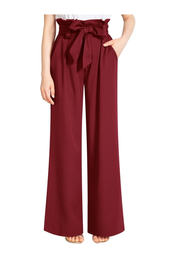 Women Wide Leg Pants Elastic Waist Palazzo Pants Casual Work Trousers Pleate Flare Bell Bottoms Wine Red Pant with Pocket Clothes Size L