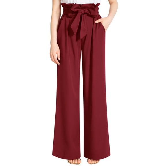 Liher Women Wide Leg Pants Elastic Waist Palazzo Pants Casual Work Trousers Pleate Flare Bell Bottoms Wine Red Pant with Pocket Clothes Size S