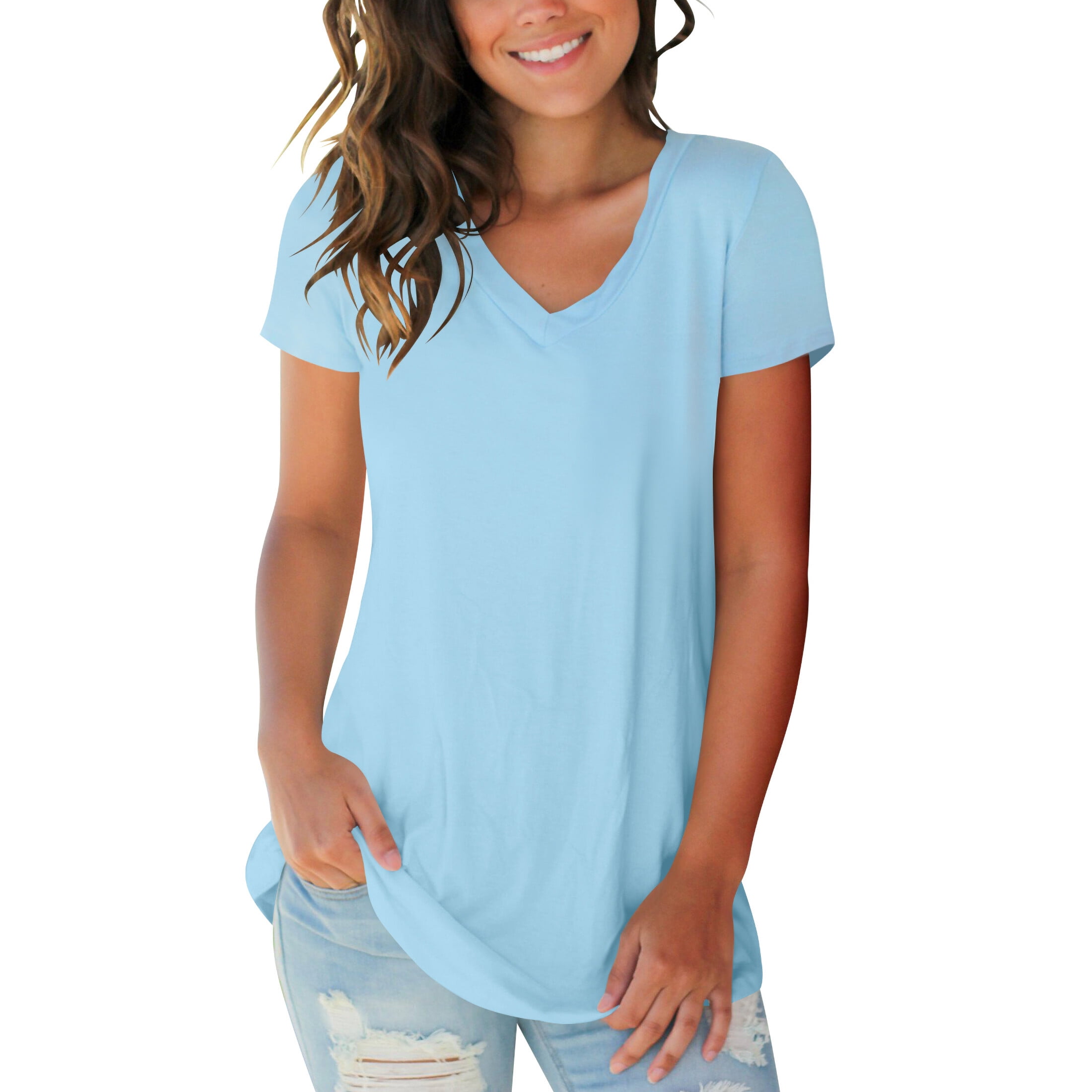 Elesomo Women's Casual V-Neck Cotton T-Shirt – Loose Fit Short Sleeve Tee For Summer (Burgundy, Large)