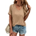 thumbnail image 1 of Liher Womens Tops Summer Short Sleeve V Neck T shirts 2026 Casual Loose Basic Tee Shirts Ladies Tunic Tops for Legging Camel L, 1 of 4
