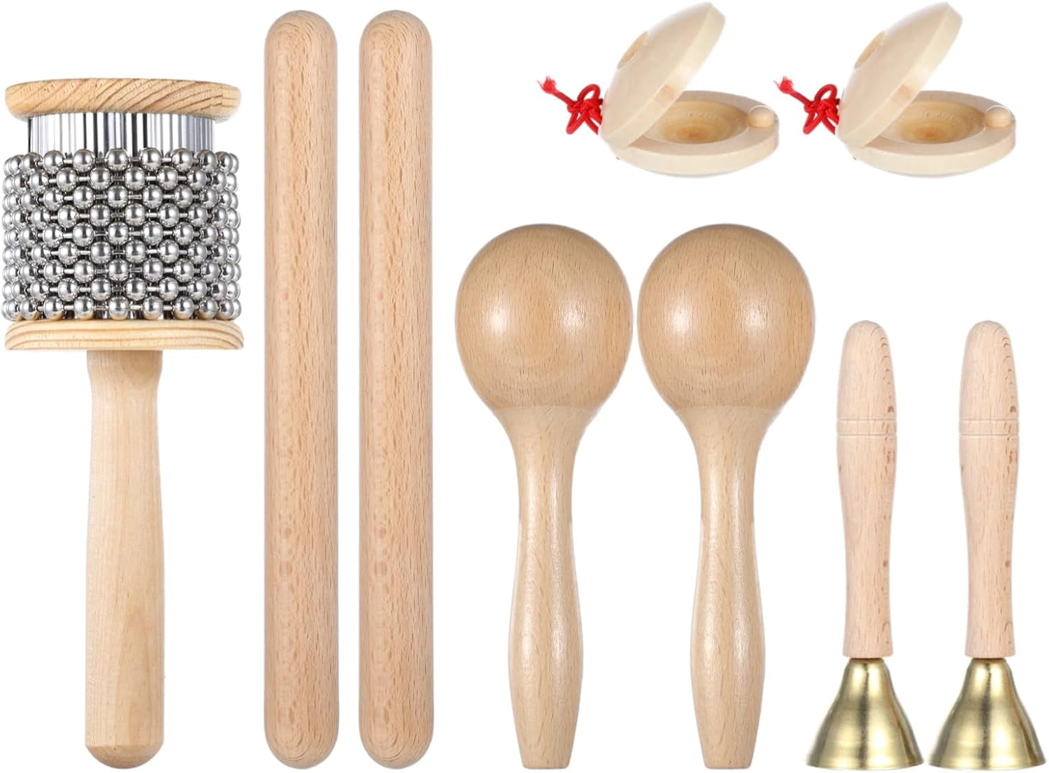 Liho 9 Pcs Musical Instruments Set, Wooden Hand Percussion Instruments, Including Wooden Cabasa, Rhythm Sticks, Maracas, Castanets, and Handle Bells A605
