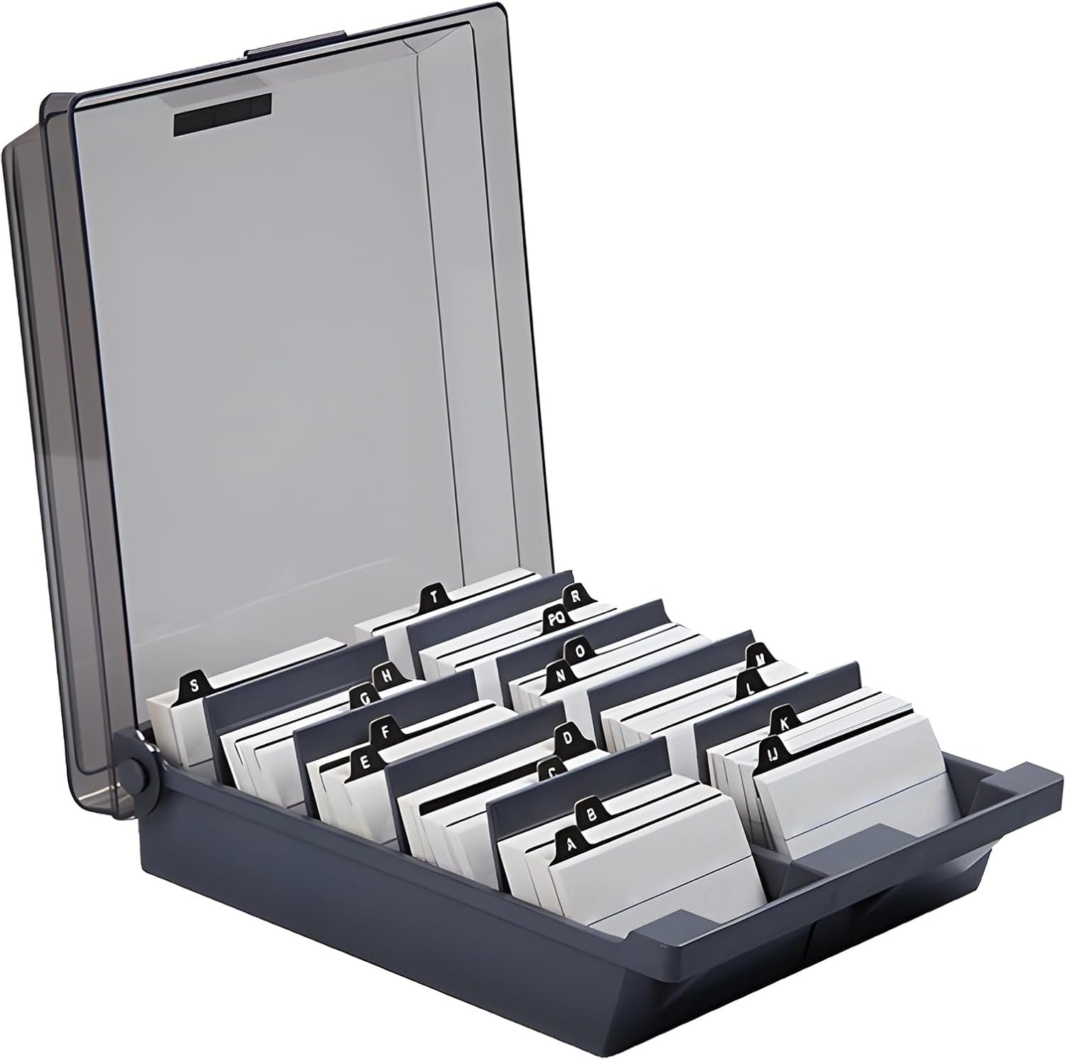 Liho Business Card Organizer Box (1000 Cards), Business Card Holder with Semi-Transparent Lid, 8.7 x 9.4 x 3 Inches with 8 Dividers and Index Cards, Rolodex Card Holder for Office Desk, A605