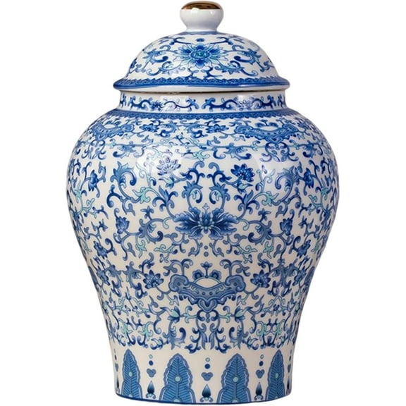 Liho Ceramic Ginger Jar with Lid, Chinese Design Vase Temple Jar, Blue and White Decorative Vase for Home Decor, Glazed Hand Painted Decor Porcelain Jar, Style D A605
