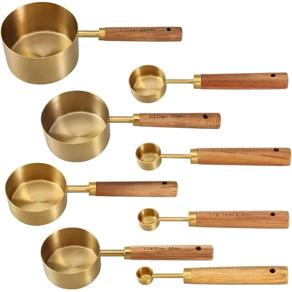 Liho Copper Stainless Steel Coffee Measuring Cups and Spoons Set 8 Pieces, Copper Plated Scoop Set with Wooden Handle, Nesting Kitchen Measuring Tools, Professional Baking Spoons for A605