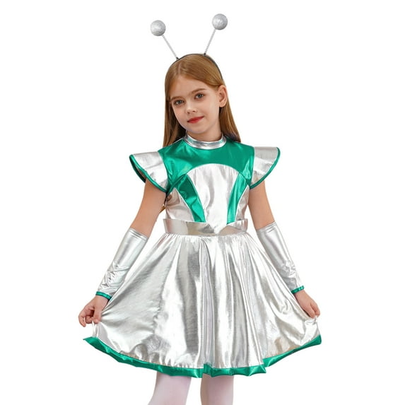 LiiYii 3Pcs Girls Alien Outfit Set Shiny Metallic Dress Headband Arm Sleeve Hair Hoop Outer Space Green Silver 6