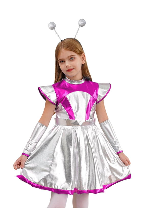 3Pcs Girls Alien Outfit Set Shiny Metallic Dress Headband Arm Sleeve Hair Hoop Outer Space Pink 16