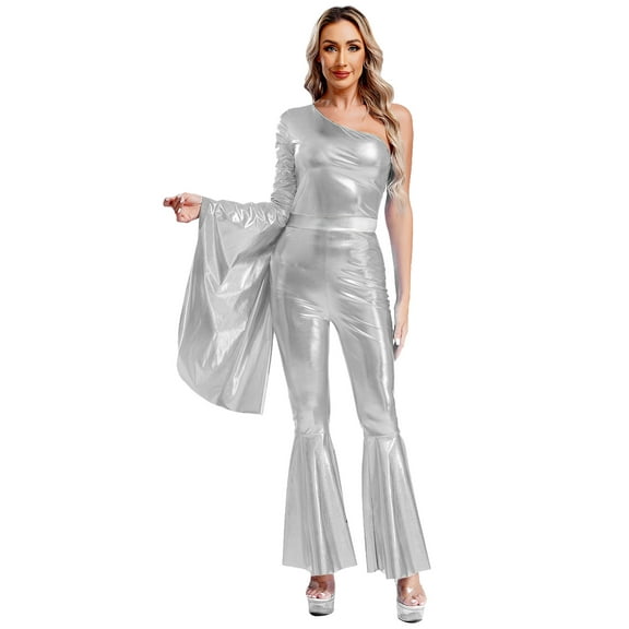 LiiYii 70s Shiny Metallic Disco Outfit for Women One Shoulder Long Sleeve Hippie Jumpsuit Silver XXL