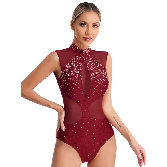 LiiYii Adult Women Glitter Rhinestone Rhythmic Gymnastics Dance Leotard Sleeveless Ballet Gymnastics Burgundy S