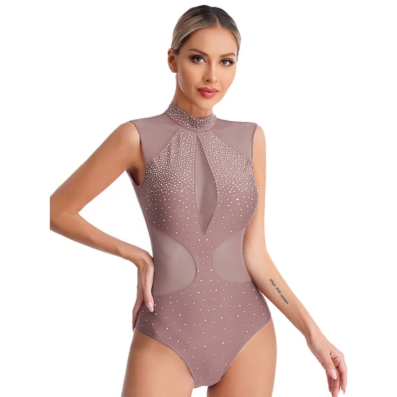LiiYii Adult Women Glitter Rhinestone Rhythmic Gymnastics Dance Leotard Sleeveless Ballet Gymnastics Dusty Pink XL