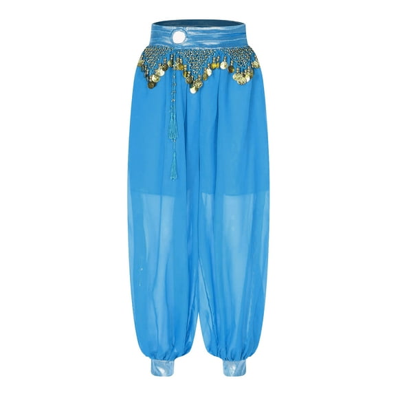 LiiYii Belly Dance Pants for Women Chiffon Plastic Beads Tassels Bloomers Performance Dancewear Sky Blue One Size