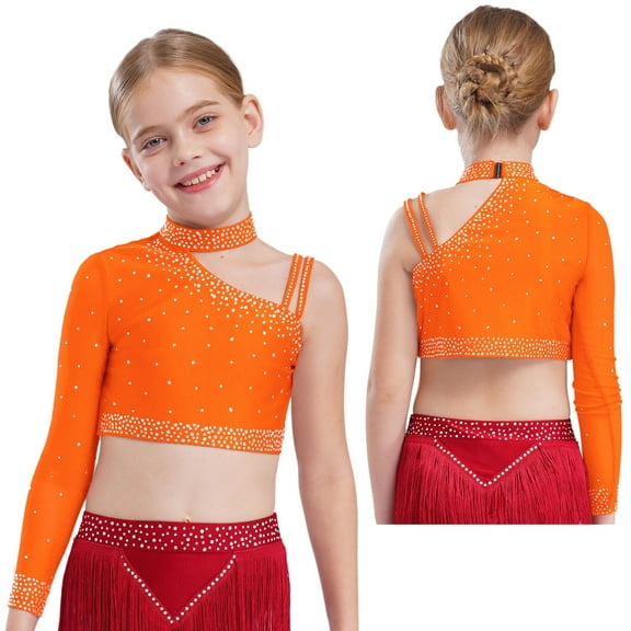 LiiYii Big Girl's Dance Crop Tops Jazz Hip Hop Dance Performance Outfits One Shoulder Sports Cami Shirt Orange 16