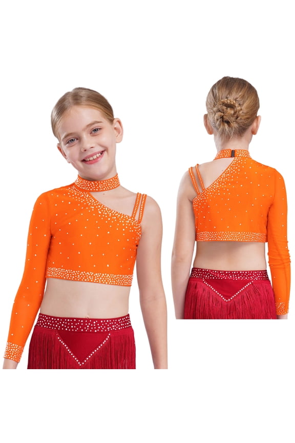 Big Girl's Dance Crop Tops Jazz Hip Hop Dance Performance Outfits One Shoulder Sports Cami Shirt Orange 16