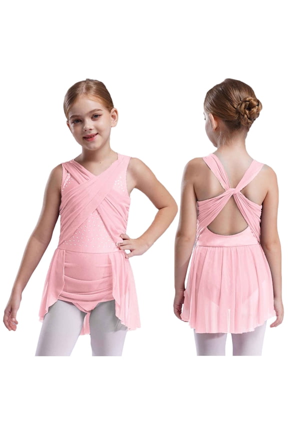 Big Girls Ballet Lyrical Dance Outfits Rhinestones Cutout Back Skirted Leotard Figure Skating Dress Pink 10