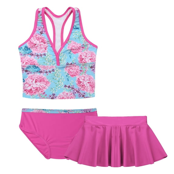 LiiYii Big Girls Floral 3 Pcs Tankini Sets Racer Swim Tank Top Brief with Swimskirts Bathing Suits Blue Rose Red 6