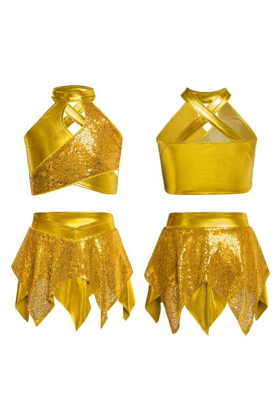 Big Girls Sequins Jazz Latin Dance Outfits Hip Hop Clothes 2 Piece Ballroom Dancewear for Performance Gold 16
