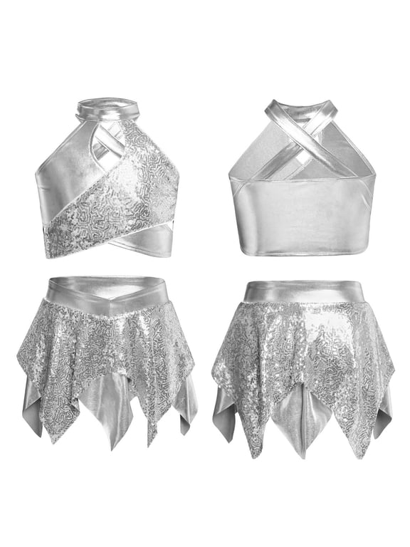 Big Girls Sequins Jazz Latin Dance Outfits Hip Hop Clothes 2 Piece Ballroom Dancewear for Performance Silver 8