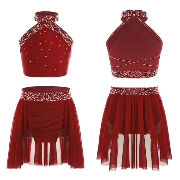 LiiYii Big Girls Two-Pieces Dance Set Lyrical Ballet Dancewear Jazz Latin Ballroom Performance Costume Burgundy 6