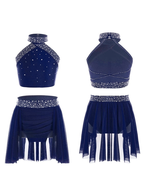 Big Girls Two-Pieces Dance Set Lyrical Ballet Dancewear Jazz Latin Ballroom Performance Costume Navy Blue 10