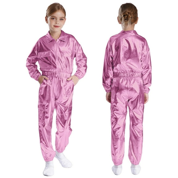 LiiYii Boys Girls Metallic Jazz Hip-Hop Dance Clothes Jacket with Pants Set Dance Show Costume Streetwear Pink 8