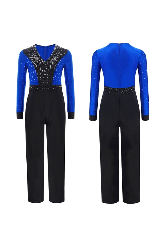 Boys Latin Dance Leotard Figure Skating Jumpsuit Rhinestones Dancewear Long Sleeve Bodysuit Blue 14