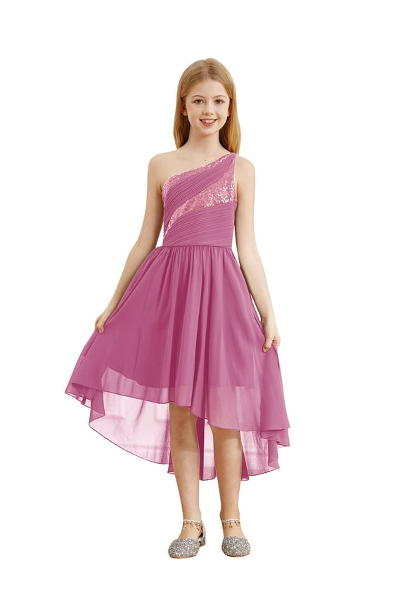 Flower Girls Dress Kids Sequin Chiffon Ruched Bodice Dress Wedding Bridesmaid Prom Birthday Pink 12