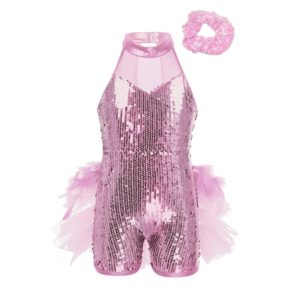 LiiYii Girl's Halter Sequins Latin Ballet Dance Dress Ruffle Tutu Jumpsuit Shiny Ballroom Dance Outfit Pink 5