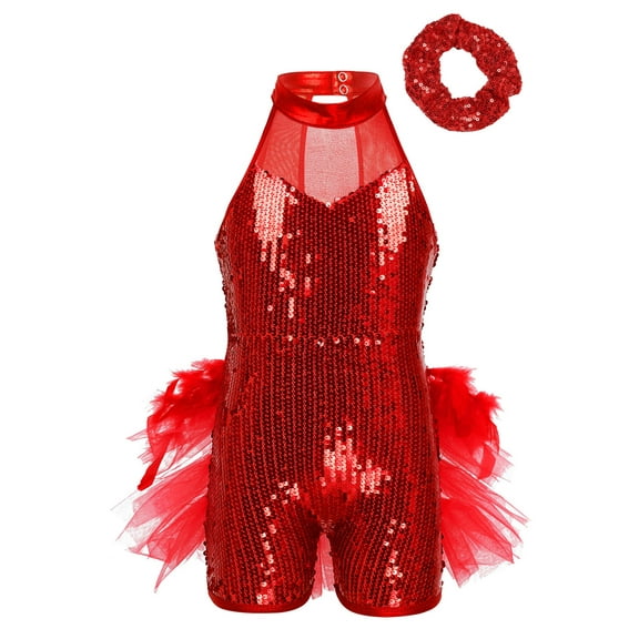 LiiYii Girl's Halter Sequins Latin Ballet Dance Dress Ruffle Tutu Jumpsuit Shiny Ballroom Dance Outfit Red 6