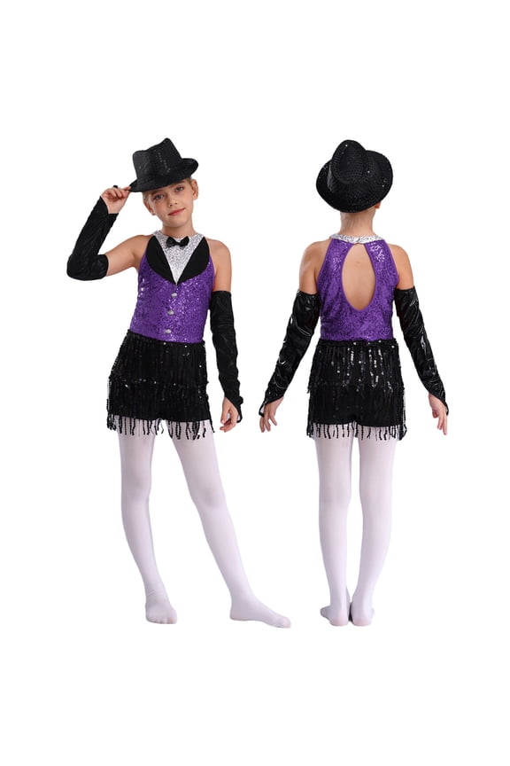 Girl's Sequin Jazz Latin Dance Dress Ballroom Gymnastics Leotard Stage Performance Costumes Purple&Black 12