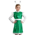thumbnail image 1 of LiiYii Girls Alien Outfit Kids Party Fancy Dress Ups Outfits Glossy Dress with Arm Sleeve Hair Hoop Set Green 8, 1 of 7