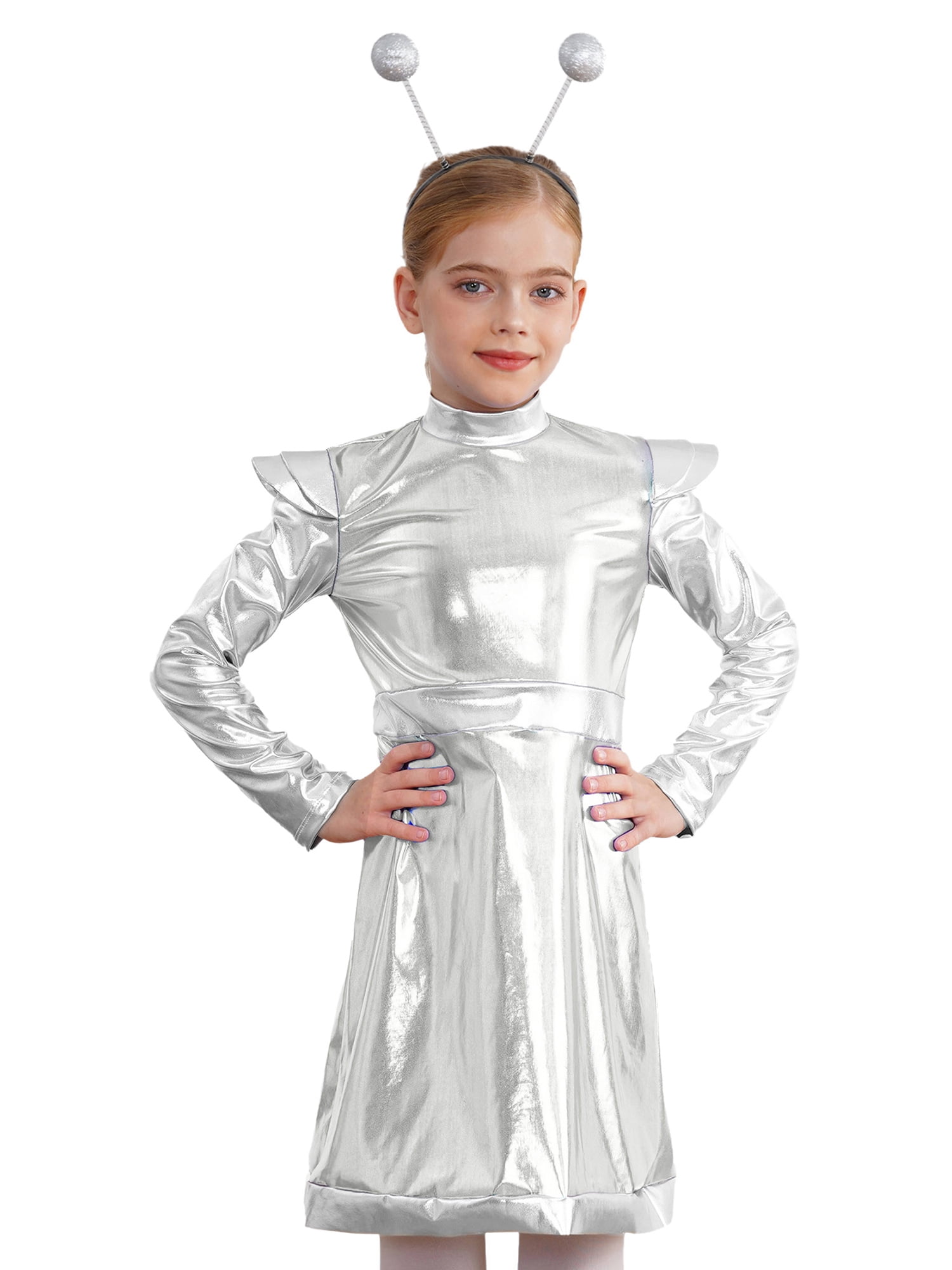 Alien Costume Toddler Silver Dress Purple Leggings Wrist Cuffs and Headband main image 0